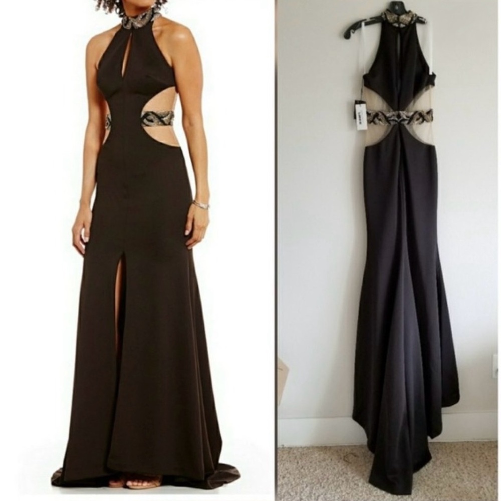 Terani Black Halter Cutout Dress